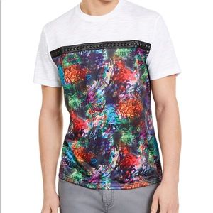 INC Men's Graffiti Graphic T-Shirt with
Studded Faux-Leather Taping